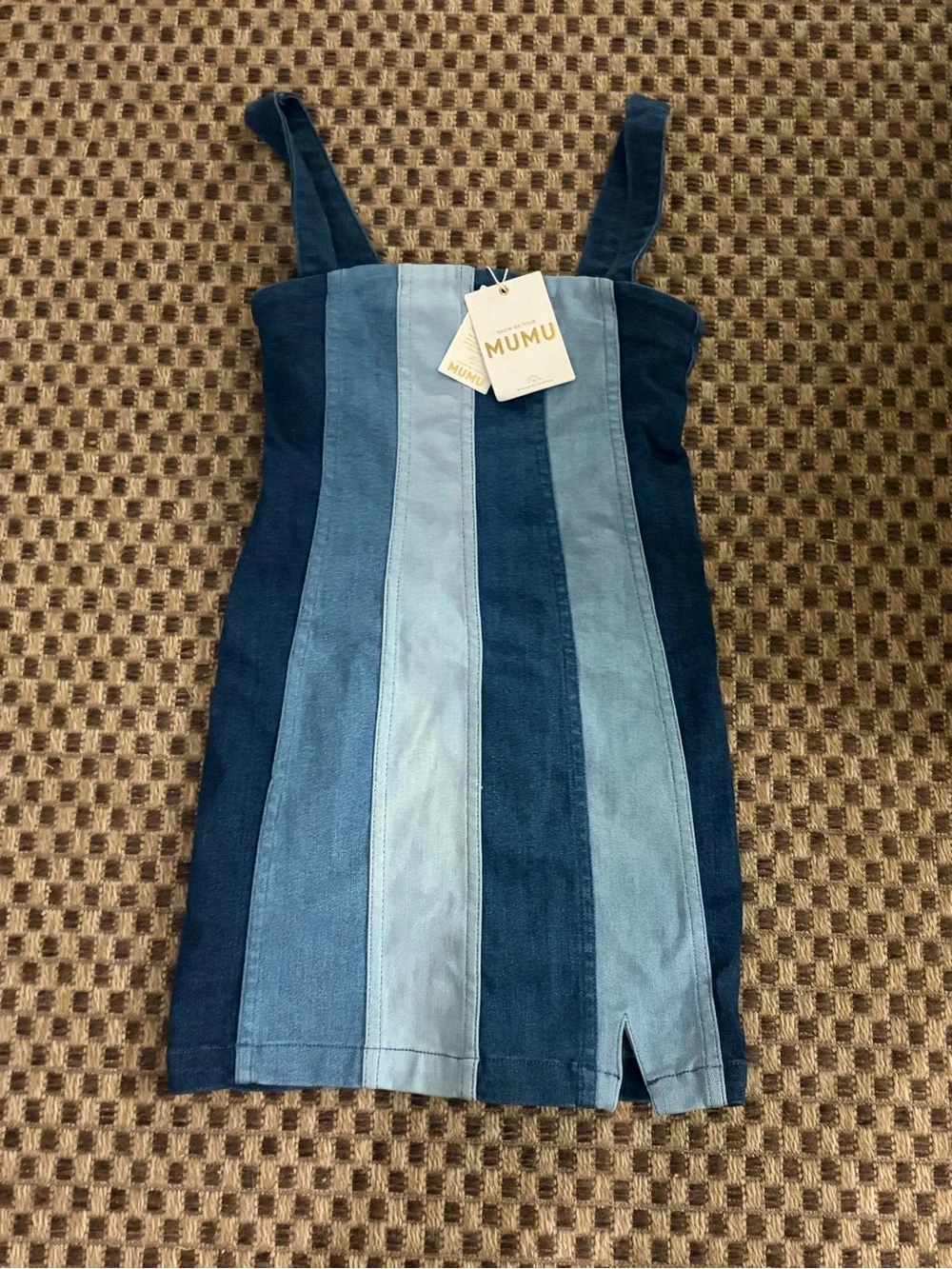 Show Me Your MuMu Striped Denim Patchwork Mini Dress in Light & Dark Blue - Picture 3 of 6
